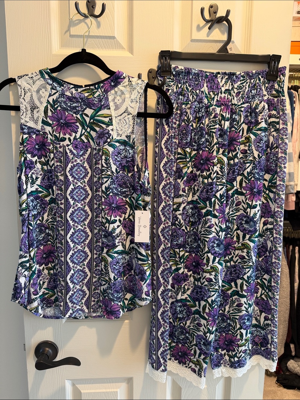 Vera Bradley Purple, Green & White Floral Lace-Trim Pajama Set